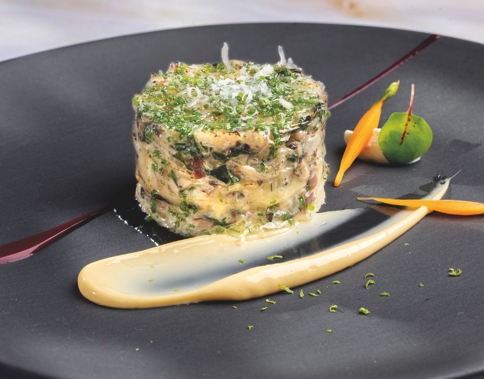 Gratinado de acelga, jamón y champiñones